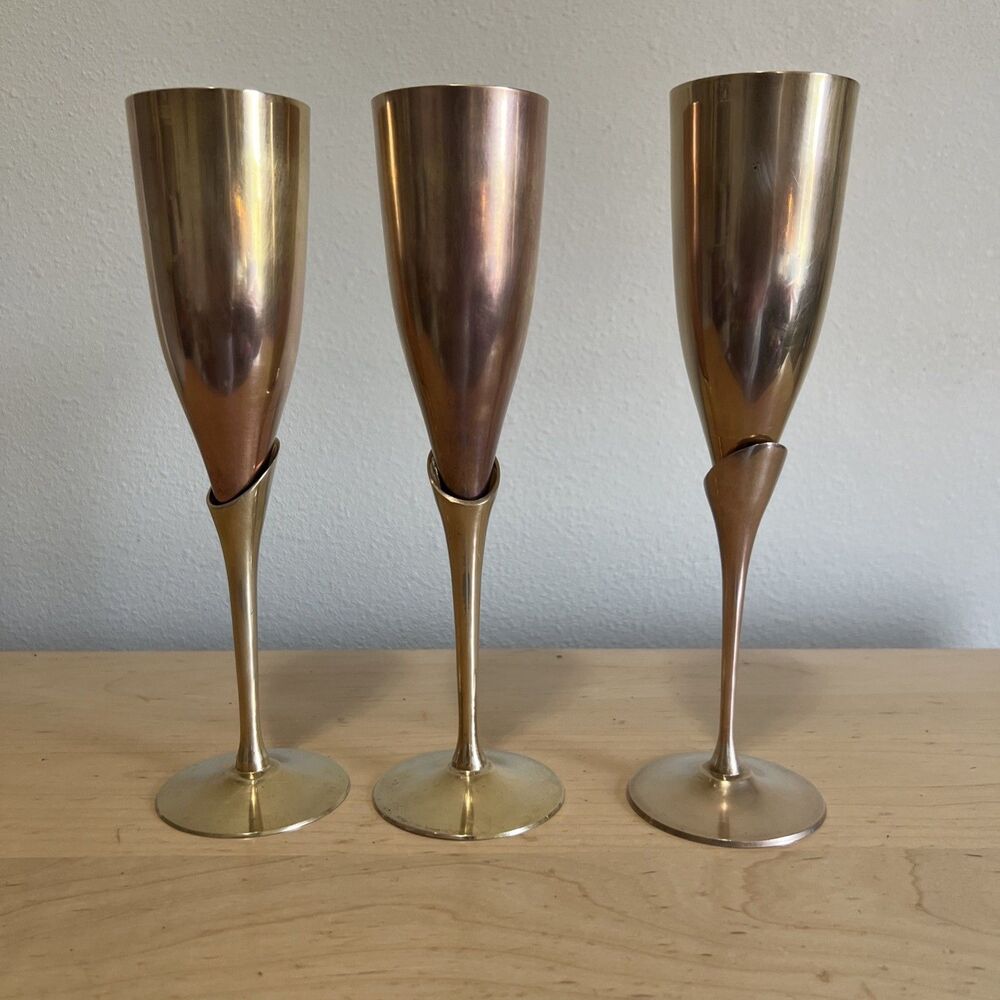 Vintage Solid Brass Champagne Flutes Set of 3 Tall MCM Toasting Glasses - Picture 2 of 3